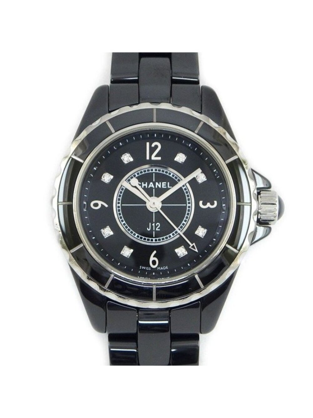Chanel Watch 8 Points Diamond Index Black Dial Ceramic SS Quartz Analog